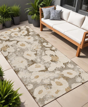 Homeroots 8' Runner Khaki Floral Washable Non Skid Indoor Outdoor Runner Rug Khaki Polyester 561724