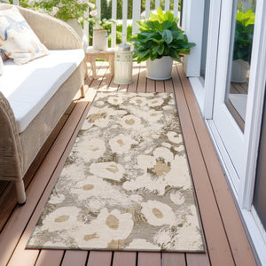 Homeroots 8' Runner Khaki Floral Washable Non Skid Indoor Outdoor Runner Rug Khaki Polyester 561724