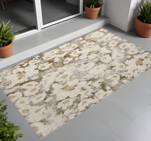 Homeroots 3' X 5' Khaki Floral Washable Non Skid Indoor Outdoor Area Rug Khaki Polyester 561726