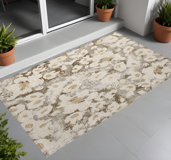 Homeroots 3' X 5' Khaki Floral Washable Non Skid Indoor Outdoor Area Rug Khaki Polyester 561726