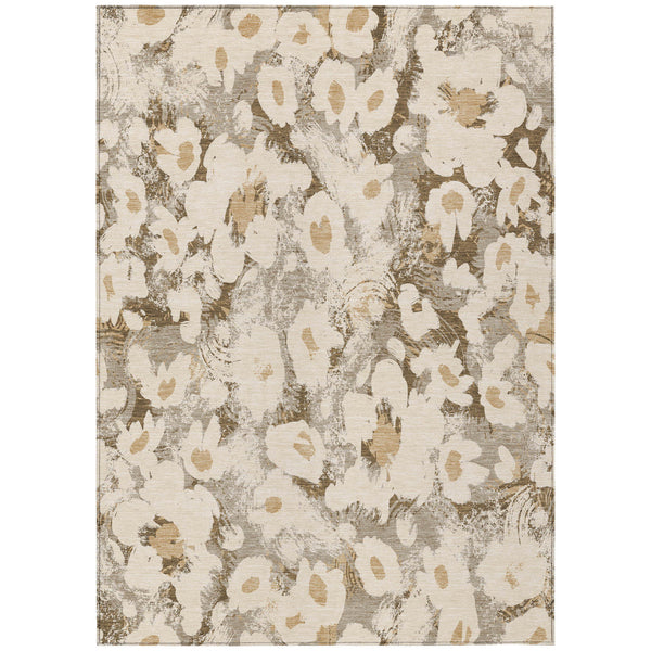 Homeroots 3' X 5' Khaki Floral Washable Non Skid Indoor Outdoor Area Rug Khaki Polyester 561726