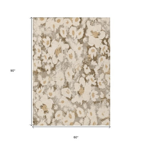 Homeroots 9' X 12' Floral Washable Stain Resistant Non-skid Indoor Outdoor Area Rug For Family-friendly Spaces Khaki Polyester 561727
