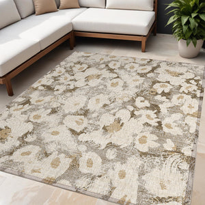 Homeroots 9' X 12' Floral Washable Stain Resistant Non-skid Indoor Outdoor Area Rug For Family-friendly Spaces Khaki Polyester 561727