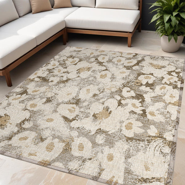 Homeroots 9' X 12' Floral Washable Stain Resistant Non-skid Indoor Outdoor Area Rug For Family-friendly Spaces Khaki Polyester 561727