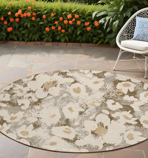 Homeroots 9' X 12' Floral Washable Stain Resistant Non-skid Indoor Outdoor Area Rug For Family-friendly Spaces Khaki Polyester 561728