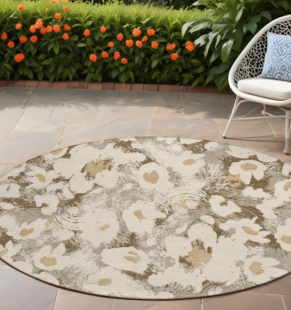 Homeroots 9' X 12' Floral Washable Stain Resistant Non-skid Indoor Outdoor Area Rug For Family-friendly Spaces Khaki Polyester 561728