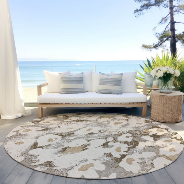 Homeroots 9' X 12' Floral Washable Stain Resistant Non-skid Indoor Outdoor Area Rug For Family-friendly Spaces Khaki Polyester 561728