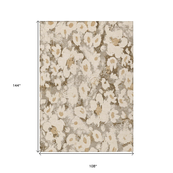 Homeroots 9' X 12' Khaki Floral Washable Non Skid Indoor Outdoor Area Rug Khaki Polyester 561730