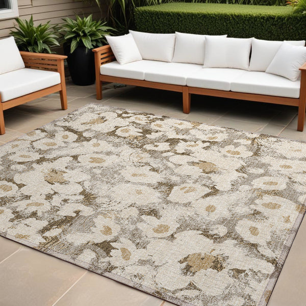 Homeroots 9' X 12' Khaki Floral Washable Non Skid Indoor Outdoor Area Rug Khaki Polyester 561730