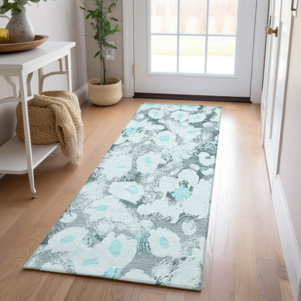 Homeroots 9' X 12' Floral Washable Stain Resistant Non-skid Indoor Outdoor Area Rug For Family-friendly Spaces Teal Polyester 561733