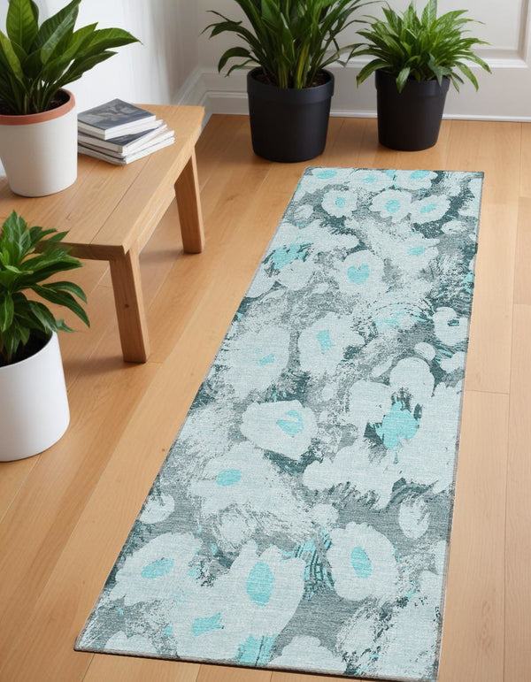 Homeroots 9' X 12' Floral Washable Stain Resistant Non-skid Indoor Outdoor Area Rug For Family-friendly Spaces Teal Polyester 561733
