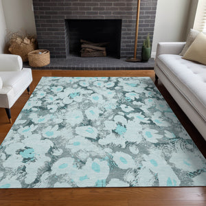 Homeroots 3' X 5' Teal Floral Washable Non Skid Indoor Outdoor Area Rug Teal Polyester 561735