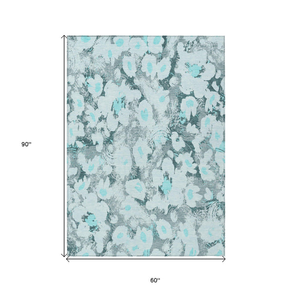 Homeroots 5' X 8' Teal Floral Washable Non Skid Indoor Outdoor Area Rug Teal Polyester 561736