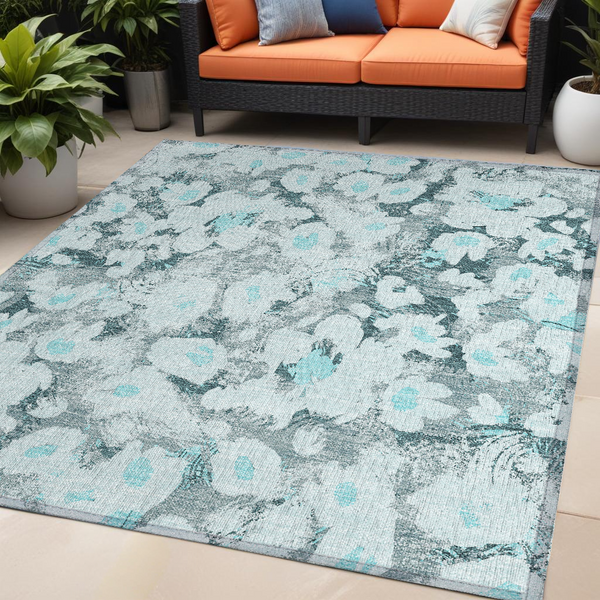Homeroots 5' X 8' Teal Floral Washable Non Skid Indoor Outdoor Area Rug Teal Polyester 561736