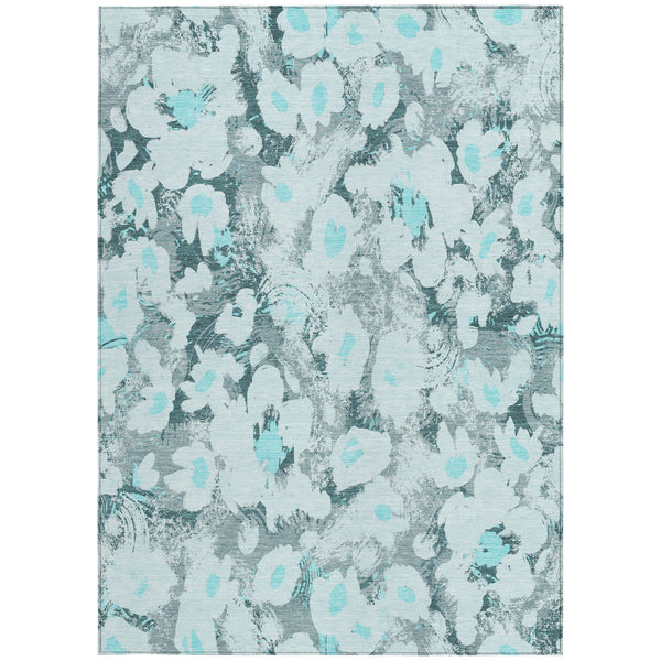 Homeroots 5' X 8' Teal Floral Washable Non Skid Indoor Outdoor Area Rug Teal Polyester 561736