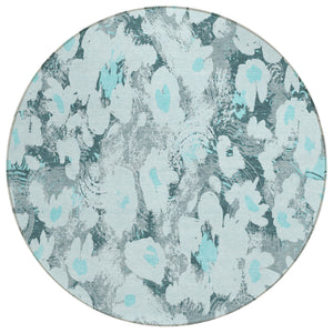 Homeroots 8' Round Teal Round Floral Washable Non Skid Indoor Outdoor Area Rug Teal Polyester 561737