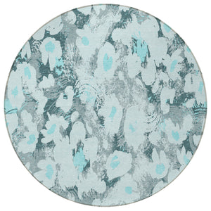 Homeroots 8' Round Teal Round Floral Washable Non Skid Indoor Outdoor Area Rug Teal Polyester 561737