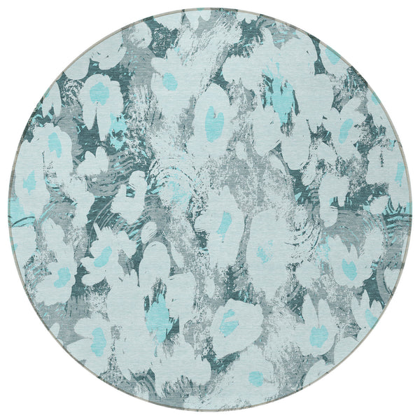 Homeroots 8' Round Teal Round Floral Washable Non Skid Indoor Outdoor Area Rug Teal Polyester 561737