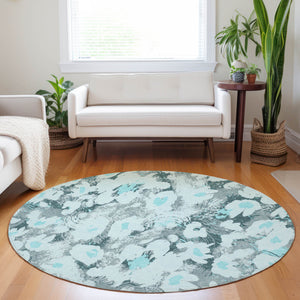 Homeroots 8' Round Teal Round Floral Washable Non Skid Indoor Outdoor Area Rug Teal Polyester 561737