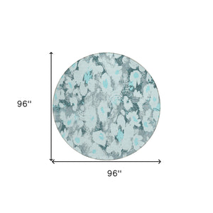 Homeroots 8' Round Teal Round Floral Washable Non Skid Indoor Outdoor Area Rug Teal Polyester 561737