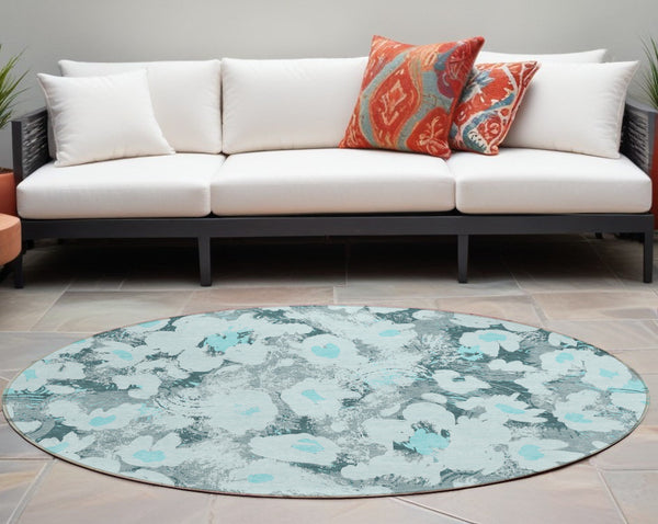 Homeroots 8' Round Teal Round Floral Washable Non Skid Indoor Outdoor Area Rug Teal Polyester 561737