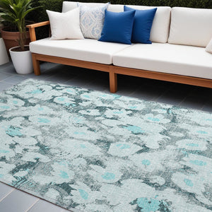 Homeroots 8' X 10' Teal Floral Washable Non Skid Indoor Outdoor Area Rug Teal Polyester 561738
