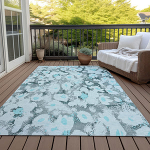 Homeroots 9' X 12' Teal Floral Washable Non Skid Indoor Outdoor Area Rug Teal Polyester 561739