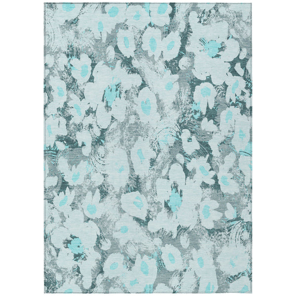Homeroots 9' X 12' Teal Floral Washable Non Skid Indoor Outdoor Area Rug Teal Polyester 561739