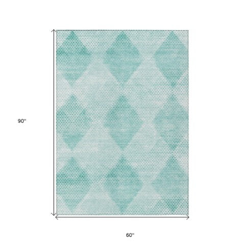 Homeroots 3' X 5' Geometric Washable Non-skid Area Rug For Indoor And Outdoor Spaces - Stain Resistant Charm Teal Polyester 561799