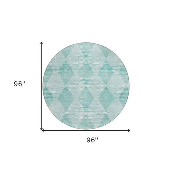 Homeroots 8' Round Teal Round Geometric Washable Non Skid Indoor Outdoor Area Rug Teal Polyester 561800