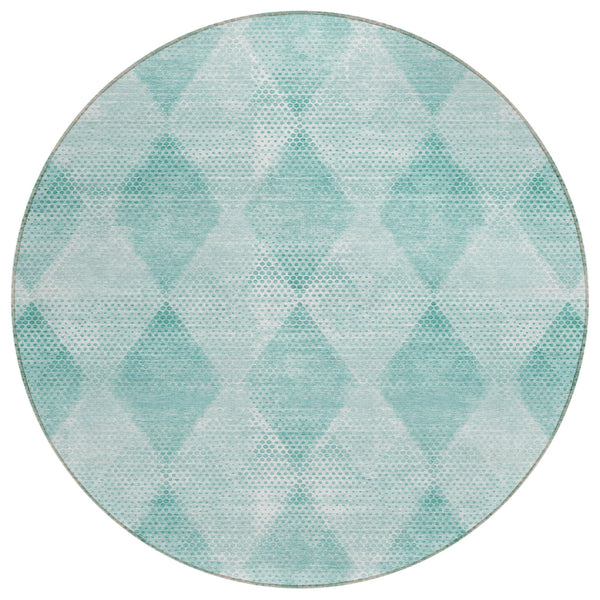 Homeroots 8' Round Teal Round Geometric Washable Non Skid Indoor Outdoor Area Rug Teal Polyester 561800