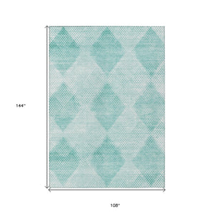 Homeroots 9' X 12' Teal Geometric Washable Non Skid Indoor Outdoor Area Rug Teal Polyester 561802