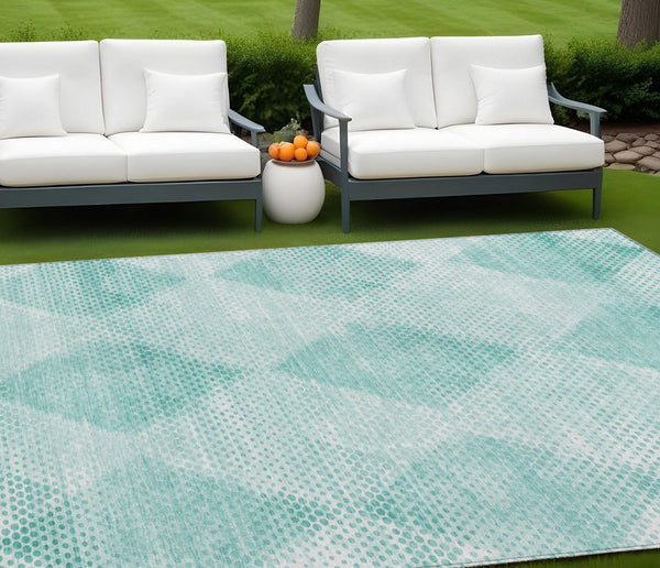 Homeroots 9' X 12' Teal Geometric Washable Non Skid Indoor Outdoor Area Rug Teal Polyester 561802