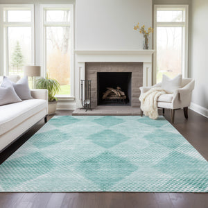Homeroots 9' X 12' Teal Geometric Washable Non Skid Indoor Outdoor Area Rug Teal Polyester 561802