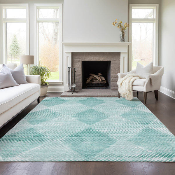 Homeroots 9' X 12' Teal Geometric Washable Non Skid Indoor Outdoor Area Rug Teal Polyester 561802