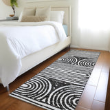 Homeroots 8' Runner Black And White Abstract Washable Non Skid Indoor Outdoor Runner Rug Black Polyester 561805