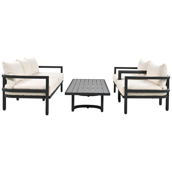 English Elm U_style 5 Seat Steel Patio Sofa Set Eucalyptus Wood Table Weatherproof Outdoor Seating Beige WY000470AAA