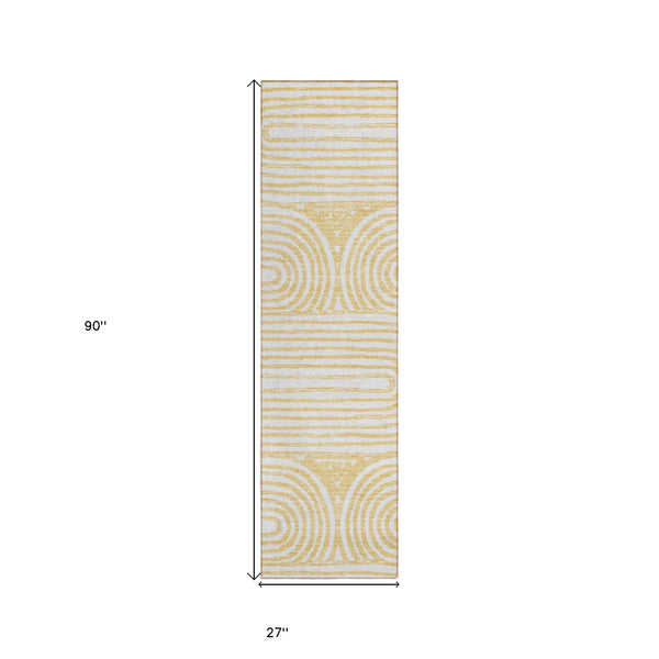 Homeroots 8' Runner Gold And White Abstract Washable Non Skid Indoor Outdoor Runner Rug Gold Polyester 561832