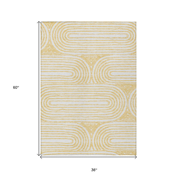 Homeroots 3' X 5' Gold And White Abstract Washable Non Skid Indoor Outdoor Area Rug Gold Polyester 561834