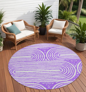 Homeroots 8' Round Purple And White Round Abstract Washable Non Skid Indoor Outdoor Area Rug Purple Polyester 561854