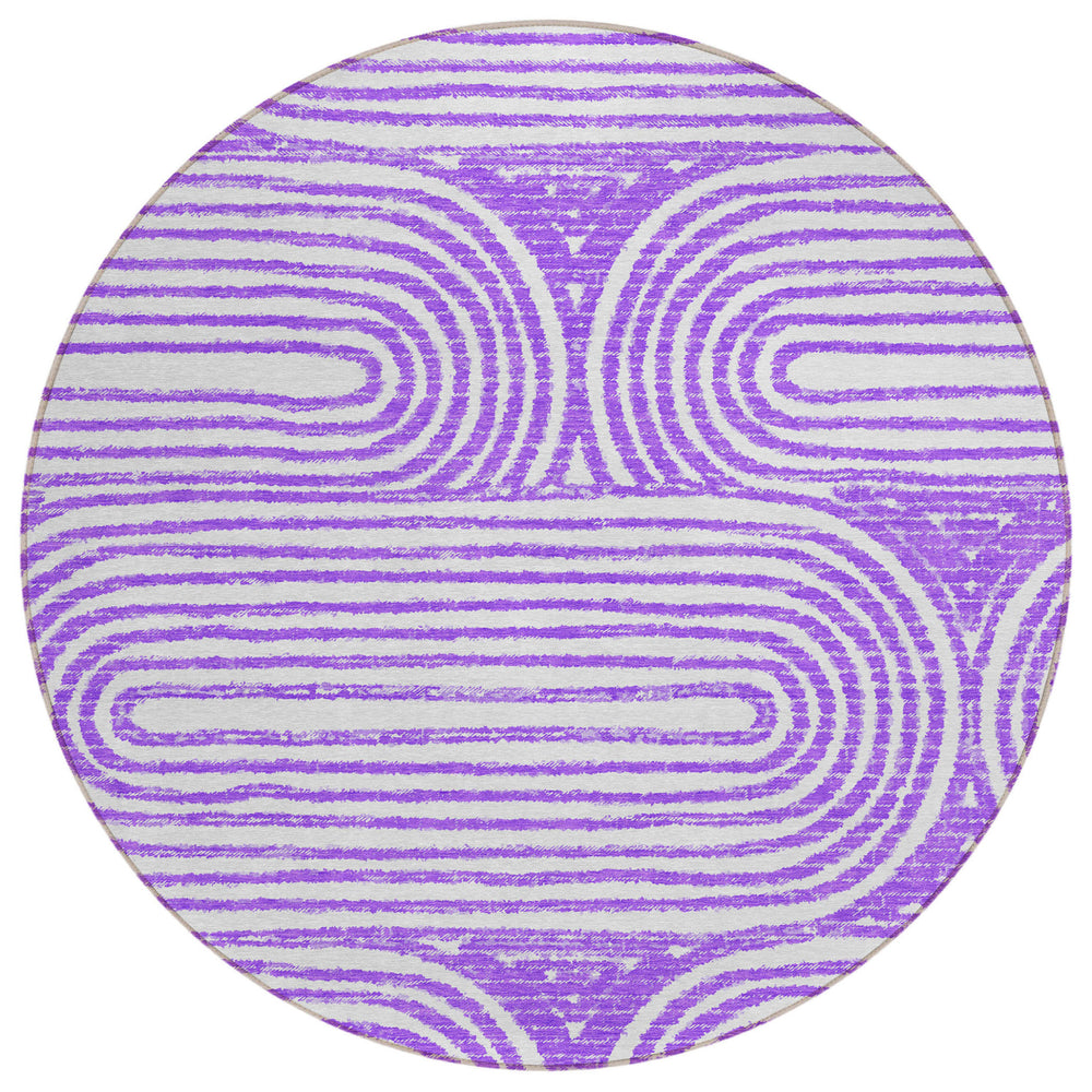 Homeroots 8' Round Purple And White Round Abstract Washable Non Skid Indoor Outdoor Area Rug Purple Polyester 561854