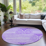 Homeroots 8' Round Purple And White Round Abstract Washable Non Skid Indoor Outdoor Area Rug Purple Polyester 561854