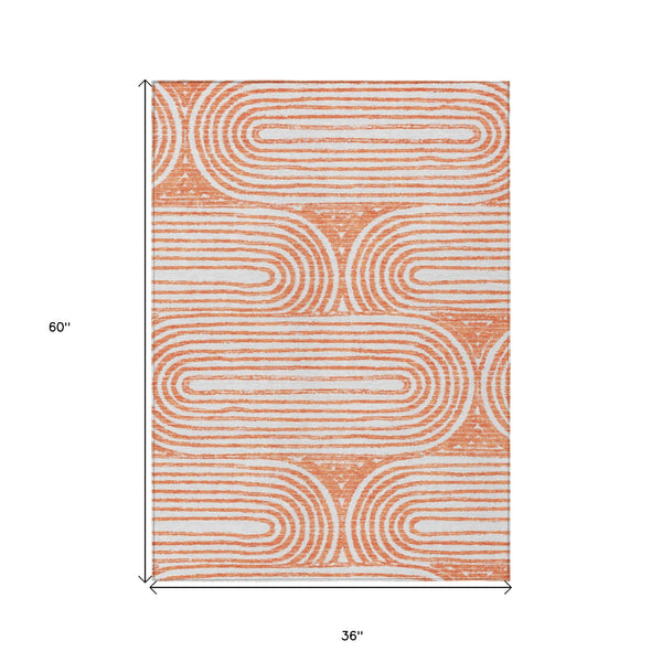 Homeroots 3' X 5' Orange And Ivory Abstract Washable Non Skid Indoor Outdoor Area Rug Salmon Polyester 561861