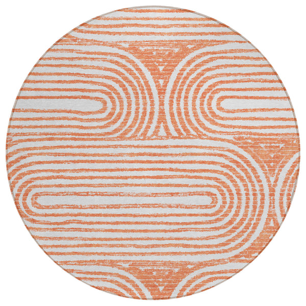 Homeroots 8' X 8' Orange And Ivory Round Abstract Washable Non Skid Indoor Outdoor Area Rug Salmon Polyester 561863