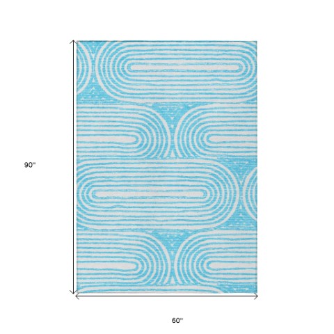 Homeroots 3' X 5' Stylish Abstract Washable Non-skid Area Rug For Indoor And Outdoor Use, Stain Resistant Teal Polyester 561871