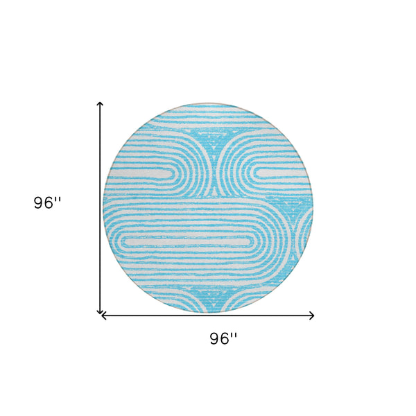 Homeroots 8' Round Teal Round Abstract Washable Non Skid Indoor Outdoor Area Rug Teal Polyester 561872