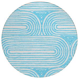 Homeroots 8' Round Teal Round Abstract Washable Non Skid Indoor Outdoor Area Rug Teal Polyester 561872
