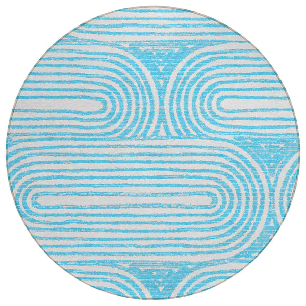 Homeroots 8' Round Teal Round Abstract Washable Non Skid Indoor Outdoor Area Rug Teal Polyester 561872
