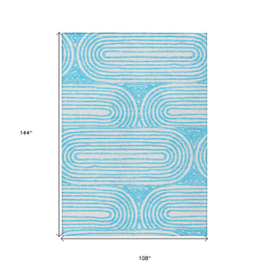 Homeroots 9' X 12' Teal And White Abstract Washable Non Skid Indoor Outdoor Area Rug Teal Polyester 561874
