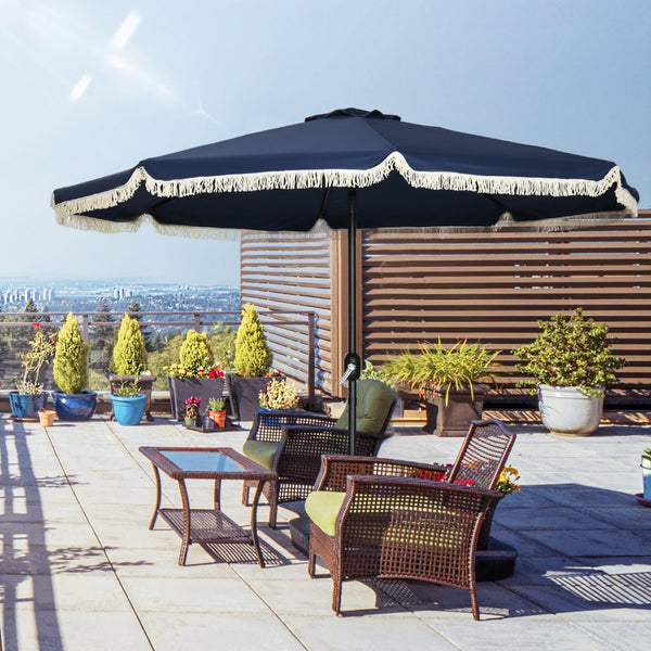 English Elm Outsunny 9ft Ruffled Fringe Patio Umbrella Vented Canopy Crank Tilt Resort Style W2225P200479